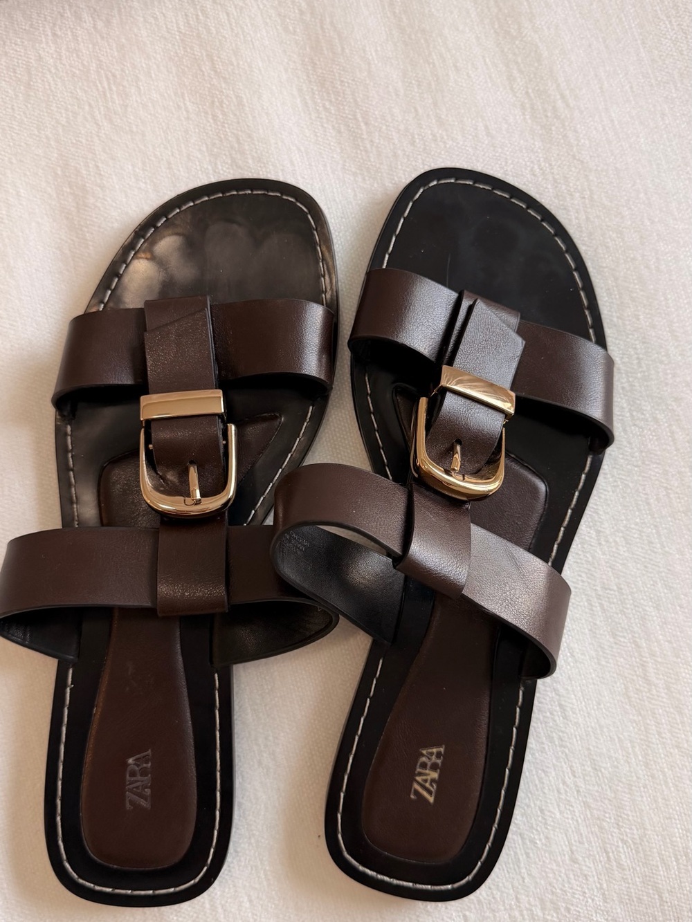 Zara Dark Brown Leather Slide Sandals with Gold Buckle